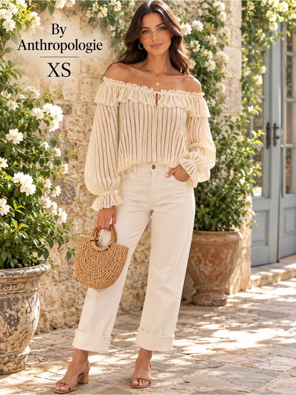 By Anthropologie XS Off Shoulder Ruffle Sheer Stripe Boho Peasant Blouse